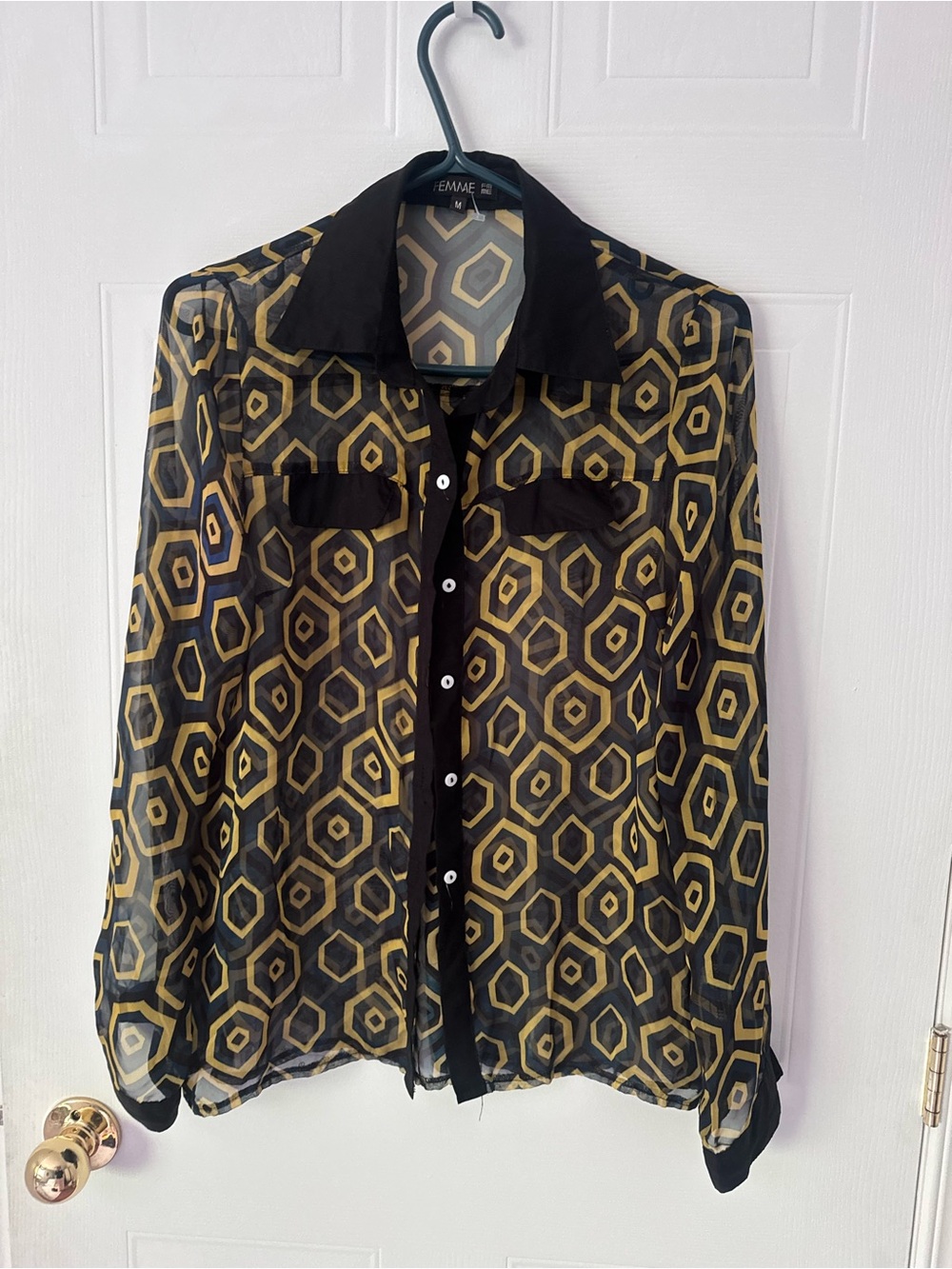 Geometric Sheer Button-Up Blouse - Black & Gold